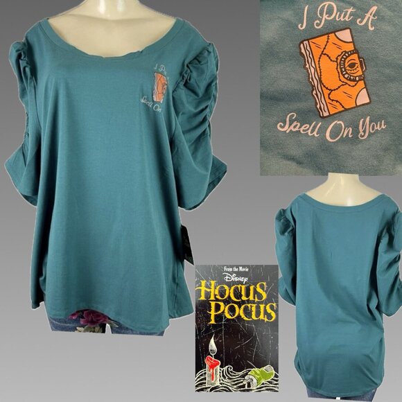 Disney +6 Teal Spell On You Hocus Pocus Graphic Cotton Ruched Half Sleeve Top - Picture 1 of 7